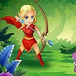 Một nhân vật nữ cầm cung tên đứng đối diện một con rồng nhỏ màu tím trong khu rừng xanh tươi