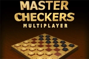 Bàn cờ caro với quân trắng và quân đen đặt ở các ô vuông trên nền chữ lớn MASTER CHECKERS MULTIPLAYER