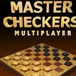 Bàn cờ caro với quân trắng và quân đen đặt ở các ô vuông trên nền chữ lớn MASTER CHECKERS MULTIPLAYER