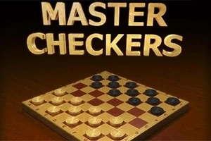 Bàn cờ đam với các quân cờ sáng và tối, phía trên là dòng chữ MASTER CHECKERS