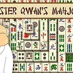 Hình ảnh có các quân bài Mahjong xếp chồng lên nhau với nền xanh lá cây, bên cạnh là hình vẽ một ông lão cười