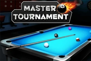 Bàn bi-a với cơ bi, bi-a nhiều màu và dòng chữ Master Tournament phía trên