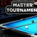 Bàn bi-a với cơ bi, bi-a nhiều màu và dòng chữ Master Tournament phía trên