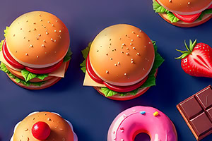 Các món đồ ăn vặt trên nền xanh đậm gồm hamburger, bánh donut hồng rắc cốm, dâu tây và thanh sô cô la