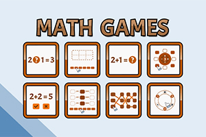 Hình minh họa các ô vuông chứa biểu tượng và phép tính toán học đơn giản với tiêu đề Math Games