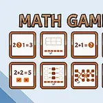 Hình minh họa các ô vuông chứa biểu tượng và phép tính toán học đơn giản với tiêu đề Math Games
