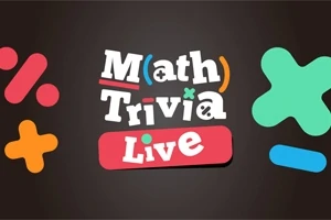 Hình ảnh có chữ Math Trivia Live với các biểu tượng toán học màu sắc trên nền tối