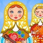 Hai búp bê Matryoshka rực rỡ với trang phục truyền thống, một búp bê ôm đàn và hoa, búp bê kia ôm mèo trên nền trời xanh