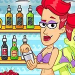 Nhân vật hoạt hình nữ với mái tóc đỏ đang pha chế đồ uống, trong khi một nhân vật xanh lá cây lén lút phía sau tại quầy bar đầy chai lọ