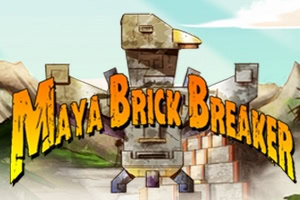 Chữ Maya Brick Breaker màu vàng cam nổi bật trước nền hoạt họa với khối đá xếp chồng và núi đồi phía sau