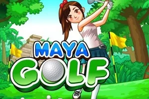 Một cô gái chơi golf trong khung cảnh rừng nhiệt đới với hình nền là tàn tích cổ và các cây cờ vàng, cùng chữ MAYA GOLF lớn phía trước