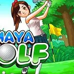 Một cô gái chơi golf trong khung cảnh rừng nhiệt đới với hình nền là tàn tích cổ và các cây cờ vàng, cùng chữ MAYA GOLF lớn phía trước