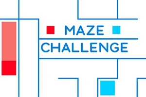 Hình ảnh chữ Maze Challenge nằm trong một mê cung xanh dương với các ô vuông đỏ và xanh nhạt