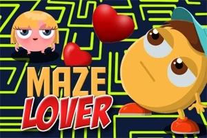 Nhân vật hoạt hình trong mê cung với hai trái tim đỏ và dòng chữ MAZE LOVER