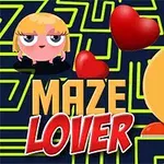 Nhân vật hoạt hình trong mê cung với hai trái tim đỏ và dòng chữ MAZE LOVER