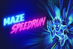 Hình ảnh có chữ Maze Speedrun với phông chữ neon sáng, cùng hình ảnh nhân vật phát sáng đang chạy phía bên phải
