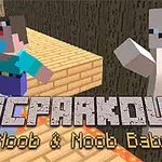 Hai nhân vật hình khối đang đứng trên nền gỗ cạnh dung nham với chữ MCPARKOUR Noob & Noob Baby phía trước