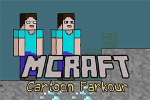 Hai nhân vật pixel đứng cạnh chữ MCRAFT Cartoon Parkour trên nền đất màu xám