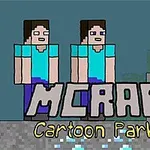 Hai nhân vật pixel đứng cạnh chữ MCRAFT Cartoon Parkour trên nền đất màu xám
