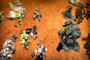 Các robot và công trình máy móc trên bề mặt địa hình màu nâu với đá nằm rải rác