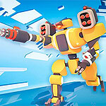 Người máy màu vàng với cánh tay được trang bị súng lớn đứng trên nền xanh, bên cạnh là các robot nhỏ hơn