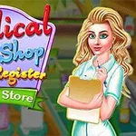 Nhân viên nữ cầm bảng ghi chú đứng cạnh bảng hiệu cửa hàng y tế
