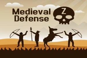 Hình ảnh với tiêu đề Medieval Defense hiển thị các nhân vật vũ trang và một con ngựa trên nền phong cảnh trung cổ, cùng biểu tượng đầu lâu có chữ Z