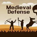 Hình ảnh với tiêu đề Medieval Defense hiển thị các nhân vật vũ trang và một con ngựa trên nền phong cảnh trung cổ, cùng biểu tượng đầu lâu có chữ Z