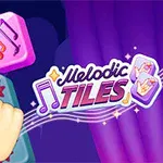 Bàn tay chạm vào các ô màu hồng với nốt nhạc, bên cạnh là logo Melodic Tiles nổi bật trên nền màu tím