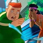 Ba nhân vật hoạt hình đang chạy đua, trong đó một người mặc đồ xanh lá cây và hai người khác mặc đồ sặc sỡ, diễn ra trong bối cảnh thành phố hiện đại