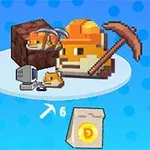 Các con vật pixel đội mũ bảo hộ và cầm cuốc, cùng một máy tính nhỏ và túi tiền vàng trên nền xanh dương