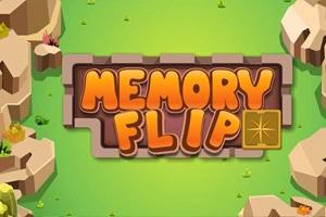 Dòng chữ MEMORY FLIP màu cam nổi bật trên nền xanh lá phong cách hoạt hình, xung quanh có đá và cây nhỏ