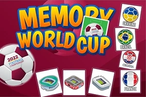 Chữ MEMORY WORLD CUP nổi bật trên nền màu đỏ với các biểu tượng quả bóng và sân vận động