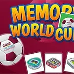 Chữ MEMORY WORLD CUP nổi bật trên nền màu đỏ với các biểu tượng quả bóng và sân vận động