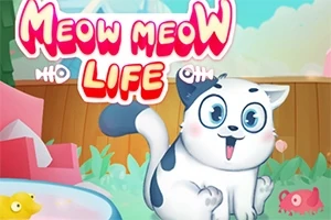 Hình ảnh một chú mèo hoạt hình đáng yêu đang ngồi trong sân với bối cảnh màu sắc tươi sáng và dòng chữ lớn Meow Meow Life phía trên