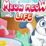 Hình ảnh một chú mèo hoạt hình đáng yêu đang ngồi trong sân với bối cảnh màu sắc tươi sáng và dòng chữ lớn Meow Meow Life phía trên