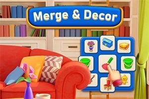 Một phòng khách với ghế sofa đỏ, các kệ sách đầy màu sắc, và bảng ghép hình chứa các biểu tượng liên quan đến nội thất