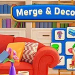 Một phòng khách với ghế sofa đỏ, các kệ sách đầy màu sắc, và bảng ghép hình chứa các biểu tượng liên quan đến nội thất