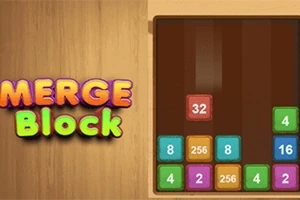 Chữ Merge Block đầy màu sắc bên trái và các khối số màu sắc khác nhau bên phải trên nền bảng gỗ
