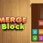 Chữ Merge Block đầy màu sắc bên trái và các khối số màu sắc khác nhau bên phải trên nền bảng gỗ