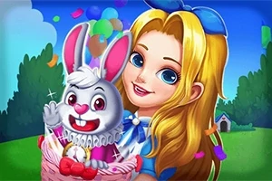 Một cô gái tóc vàng cầm một chiếc giỏ có thỏ trắng vui vẻ, với phong cảnh thiên nhiên và bóng bay phía sau