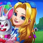 Một cô gái tóc vàng cầm một chiếc giỏ có thỏ trắng vui vẻ, với phong cảnh thiên nhiên và bóng bay phía sau