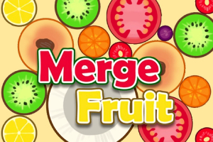 Các lát trái cây nhiều màu sắc như kiwi, cam, cà chua và quả mọng với dòng chữ Merge Fruit ở trung tâm