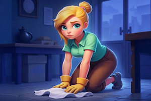 Một cô gái tóc vàng với ánh mắt quyết tâm, mặc áo xanh và găng tay, đang quỳ lau sàn trong một căn phòng xanh tối