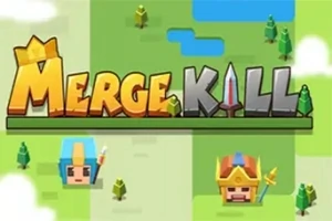 Hình ảnh có tiêu đề Merge Kill trên nền cỏ với các nhân vật hoạt hình và cây cối xung quanh