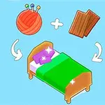 Cuộn len, tấm gỗ và một chiếc giường với chăn màu xanh trên nền xanh lam