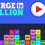Hình ảnh hiển thị tiêu đề MERGE to MILLION với một nút phát lớn màu đỏ và các ô vuông có số liệu khác nhau