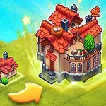 Hình ảnh có bốn ngôi nhà nhỏ được kết hợp thành một ngôi nhà lớn hơn với mái ngói đỏ và chi tiết trang trí, kèm theo mũi tên màu vàng chỉ từ trái sang phải