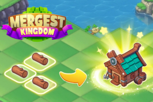 Biểu tượng chữ Mergest Kingdom, ba khúc gỗ trên nền xanh, mũi tên màu vàng chỉ sang ngôi nhà nhỏ với ánh sáng lấp lánh