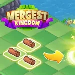 Biểu tượng chữ Mergest Kingdom, ba khúc gỗ trên nền xanh, mũi tên màu vàng chỉ sang ngôi nhà nhỏ với ánh sáng lấp lánh